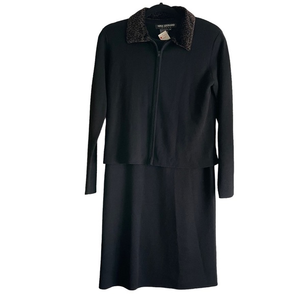 NWT Nina Leonard Black Sweater Jacket Dress Long Sleeves Leopard Collar Size M - Picture 1 of 10
